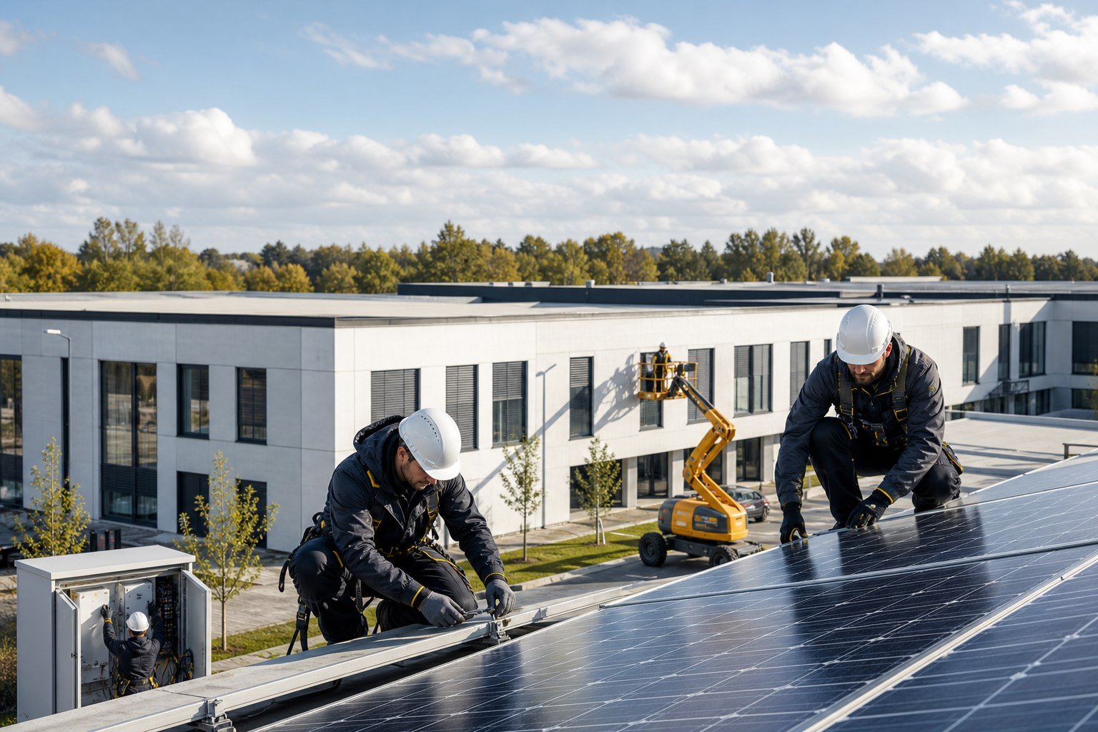 Saulės elektrinės montavimo darbai ant pastato stogo